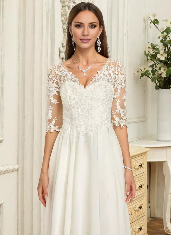 A-line V-Neck Asymmetrical Lace Chiffon With Ruffle Wedding Dress
