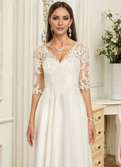 A-line V-Neck Asymmetrical Lace Chiffon With Ruffle Wedding Dress