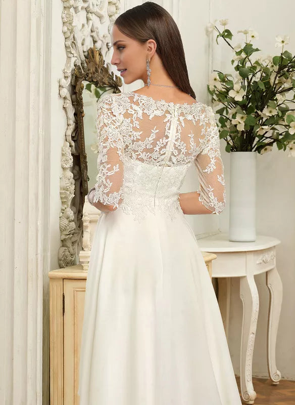 A-line V-Neck Asymmetrical Lace Chiffon With Ruffle Wedding Dress