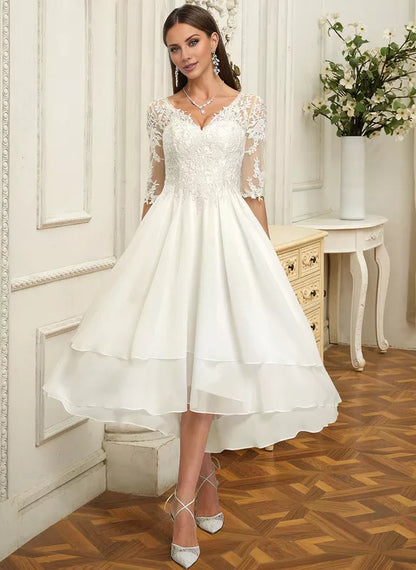 A-line V-Neck Asymmetrical Lace Chiffon With Ruffle Wedding Dress