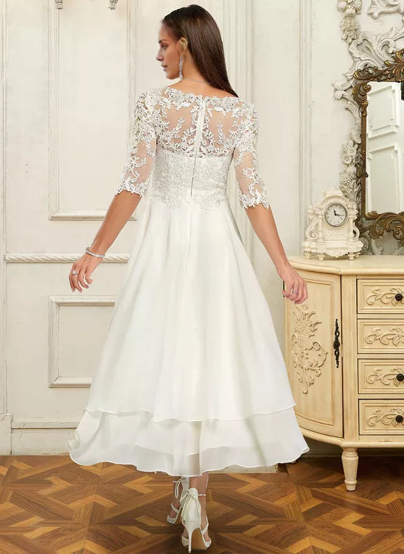 A-line V-Neck Asymmetrical Lace Chiffon With Ruffle Wedding Dress