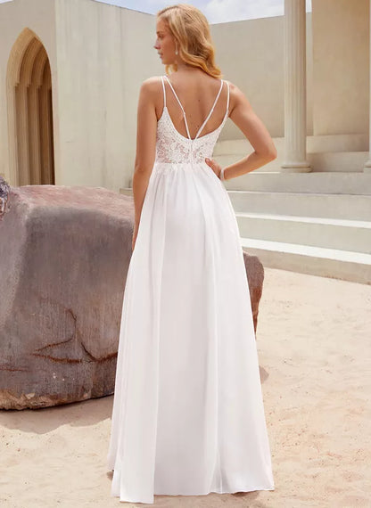 A-line V-Neck Floor-Length Lace Chiffon Wedding Dress