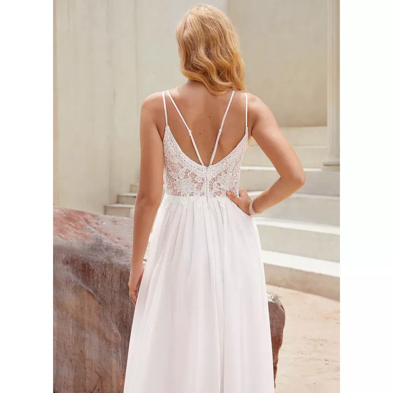 A-line V-Neck Floor-Length Lace Chiffon Wedding Dress