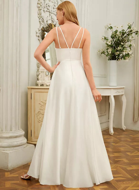 A-line V-Neck Floor-Length Silky Satin Wedding Dress