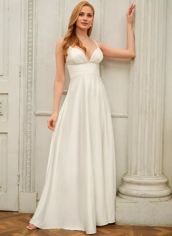 A-line V-Neck Floor-Length Silky Satin Wedding Dress