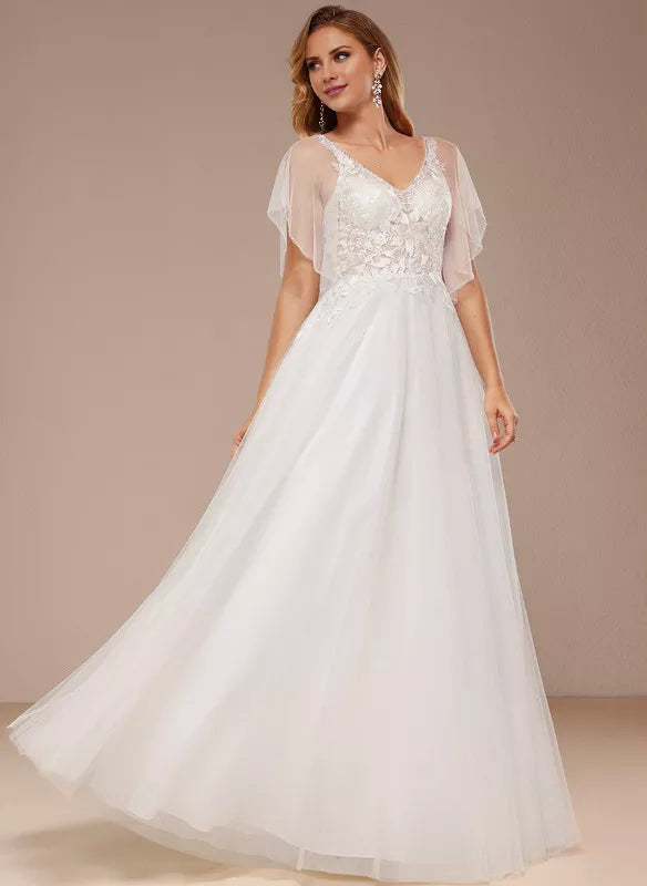 A-line V-Neck Floor-Length Tulle Lace With Ruffle Sequins Wedding Dress