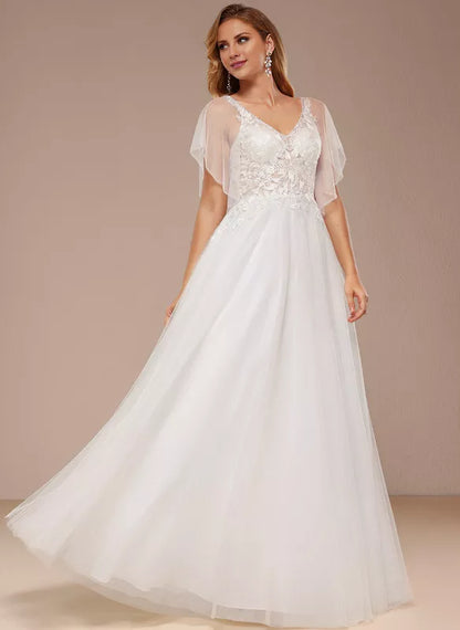 A-line V-Neck Floor-Length Tulle Lace With Ruffle Sequins Wedding Dress