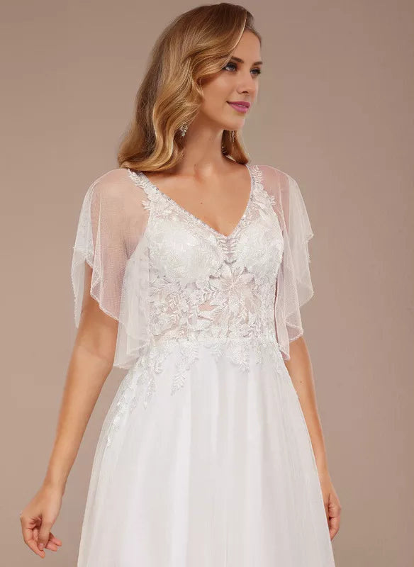 A-line V-Neck Floor-Length Tulle Lace With Ruffle Sequins Wedding Dress