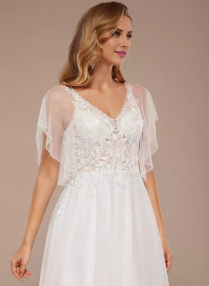 A-line V-Neck Floor-Length Tulle Lace With Ruffle Sequins Wedding Dress