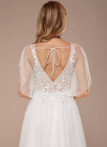 A-line V-Neck Floor-Length Tulle Lace With Ruffle Sequins Wedding Dress