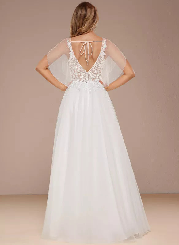 A-line V-Neck Floor-Length Tulle Lace With Ruffle Sequins Wedding Dress