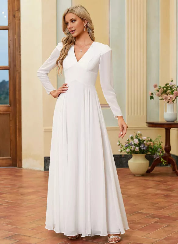 A-line V-neck long sleeved floor length chiffon wedding dress