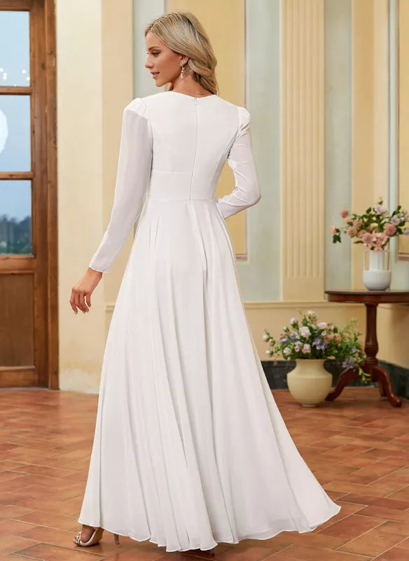 A-line V-neck long sleeved floor length chiffon wedding dress