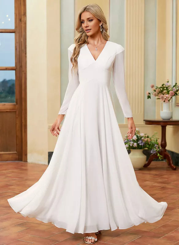 A-line V-neck long sleeved floor length chiffon wedding dress