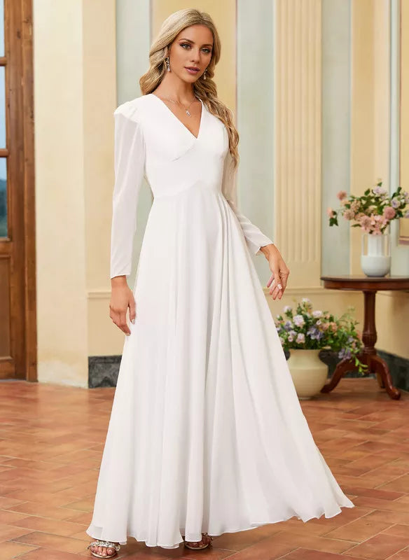 A-line V-neck long sleeved floor length chiffon wedding dress