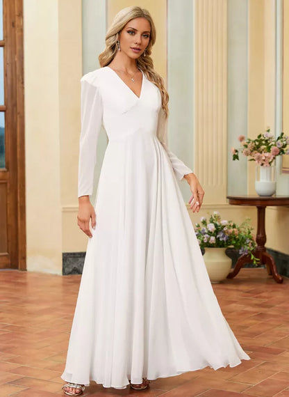 A-line V-neck long sleeved floor length chiffon wedding dress