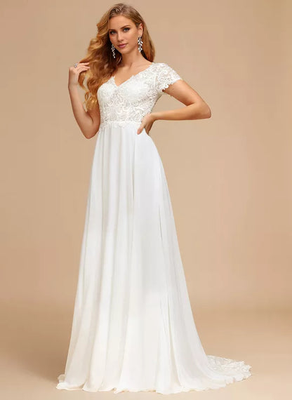 A-line V-neck short sleeved lace lace tied chiffon wedding dress