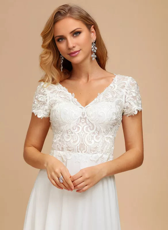 A-line V-neck short sleeved lace lace tied chiffon wedding dress