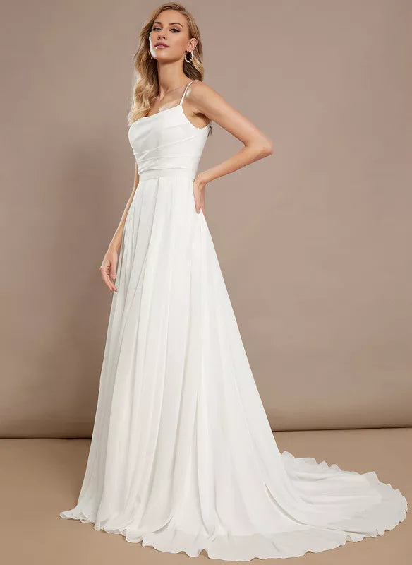 A-line sleeveless thin shoulder chiffon wedding dress