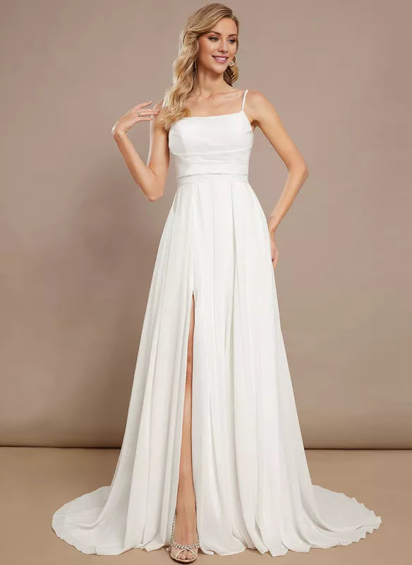 A-line sleeveless thin shoulder chiffon wedding dress