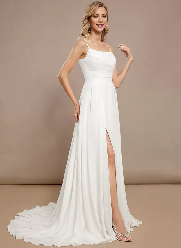 A-line sleeveless thin shoulder chiffon wedding dress