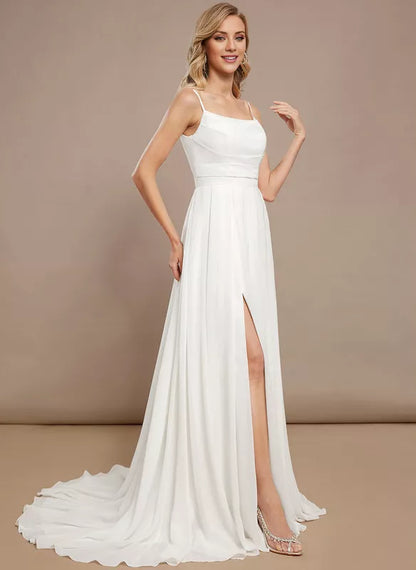 A-line sleeveless thin shoulder chiffon wedding dress