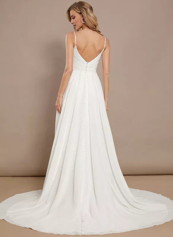 A-line sleeveless thin shoulder chiffon wedding dress