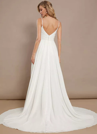 A-line sleeveless thin shoulder chiffon wedding dress
