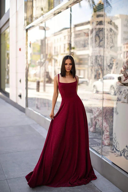 A-line square neckline off shoulder sleeveless backless and floor length evening dress