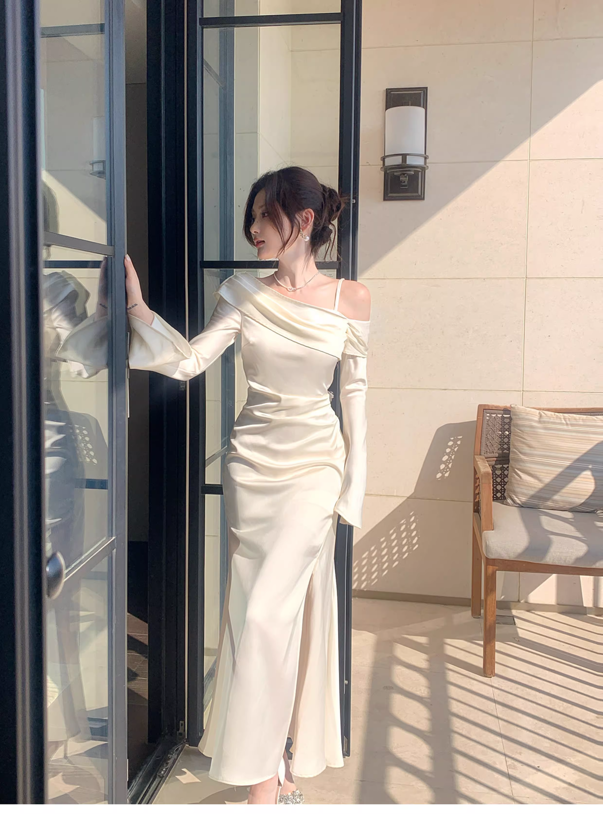 Classy Light Apricot Off The Shoulder Mermaid Slit Long Party Dress Prom Gown Formal Wedding Guest Dress SP1494