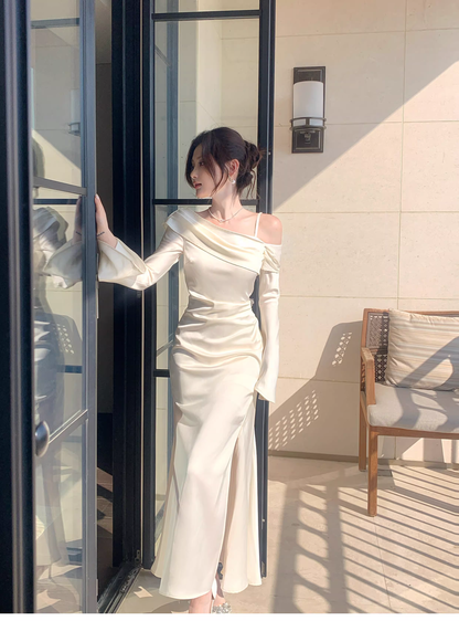 Classy Light Apricot Off The Shoulder Mermaid Slit Long Party Dress Prom Gown Formal Wedding Guest Dress SP1494