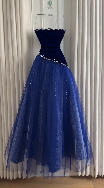 Elegant Strapless Royal Blue Velvet Tulle Beaded Long Party Dress Formal Birthday Prom Gowns SP2048