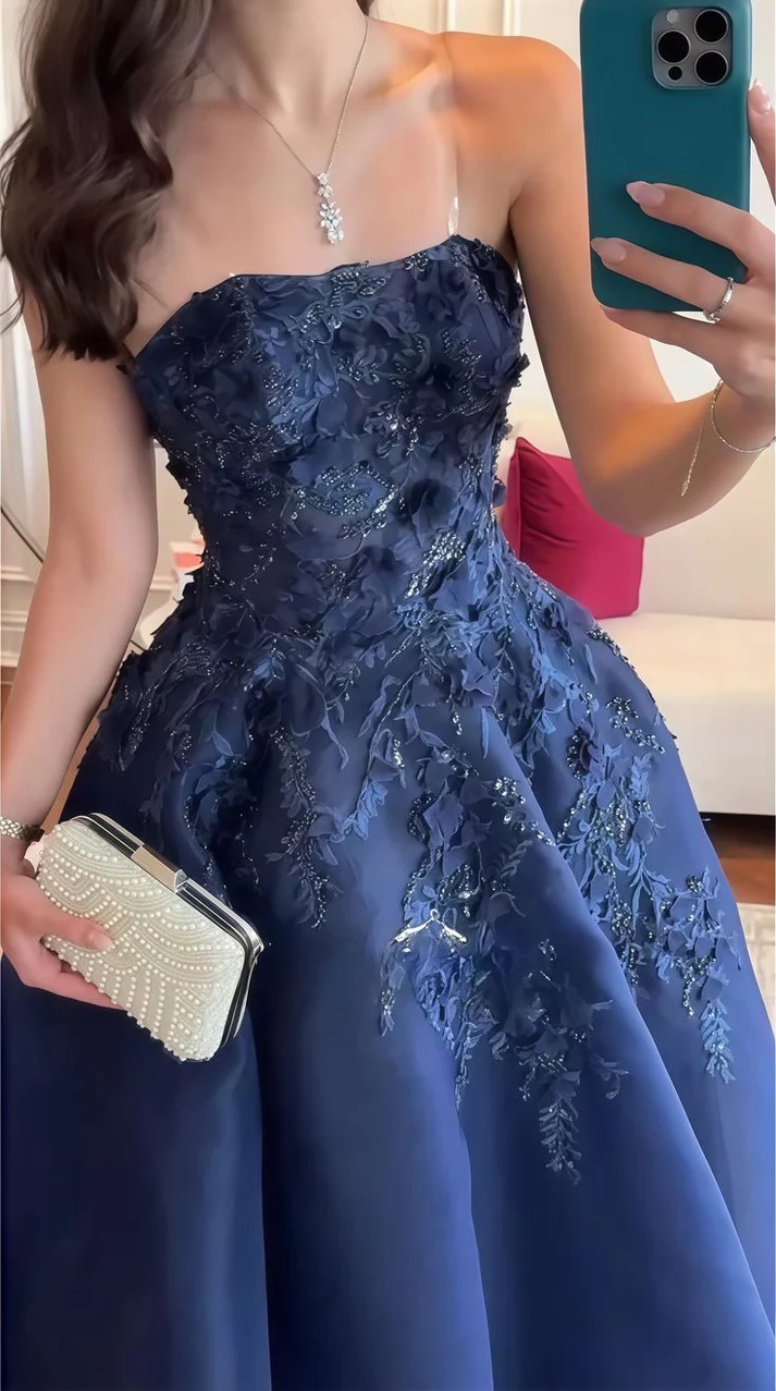 Navy Blue Strapless Ball Gown with 3D Floral Appliques & Beading, Floor-Length Prom Dress for Formal Wedding & Evening Events gh7098