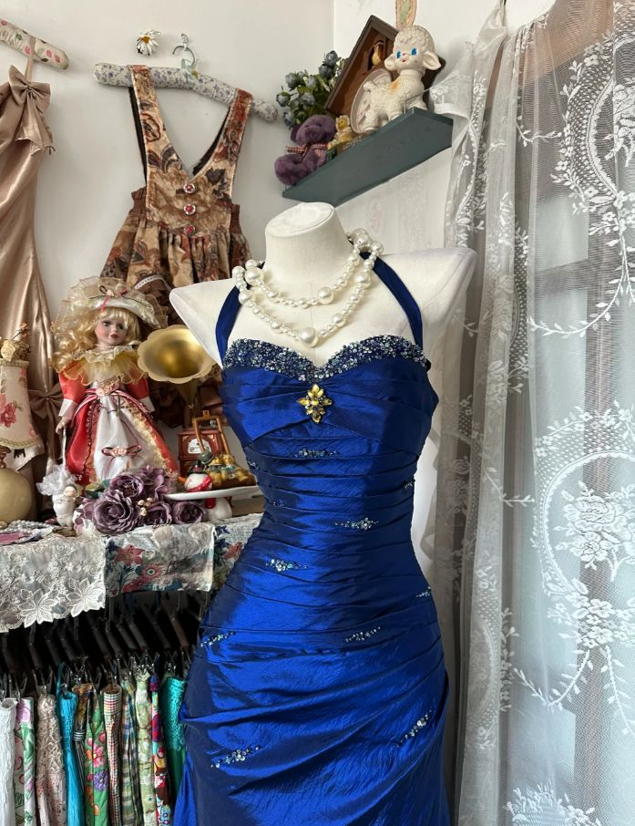 Vintage Blue Halter Satin Beaded Mermaid Evening Dress Prom Gown Long Wedding Guest Dress SP1473