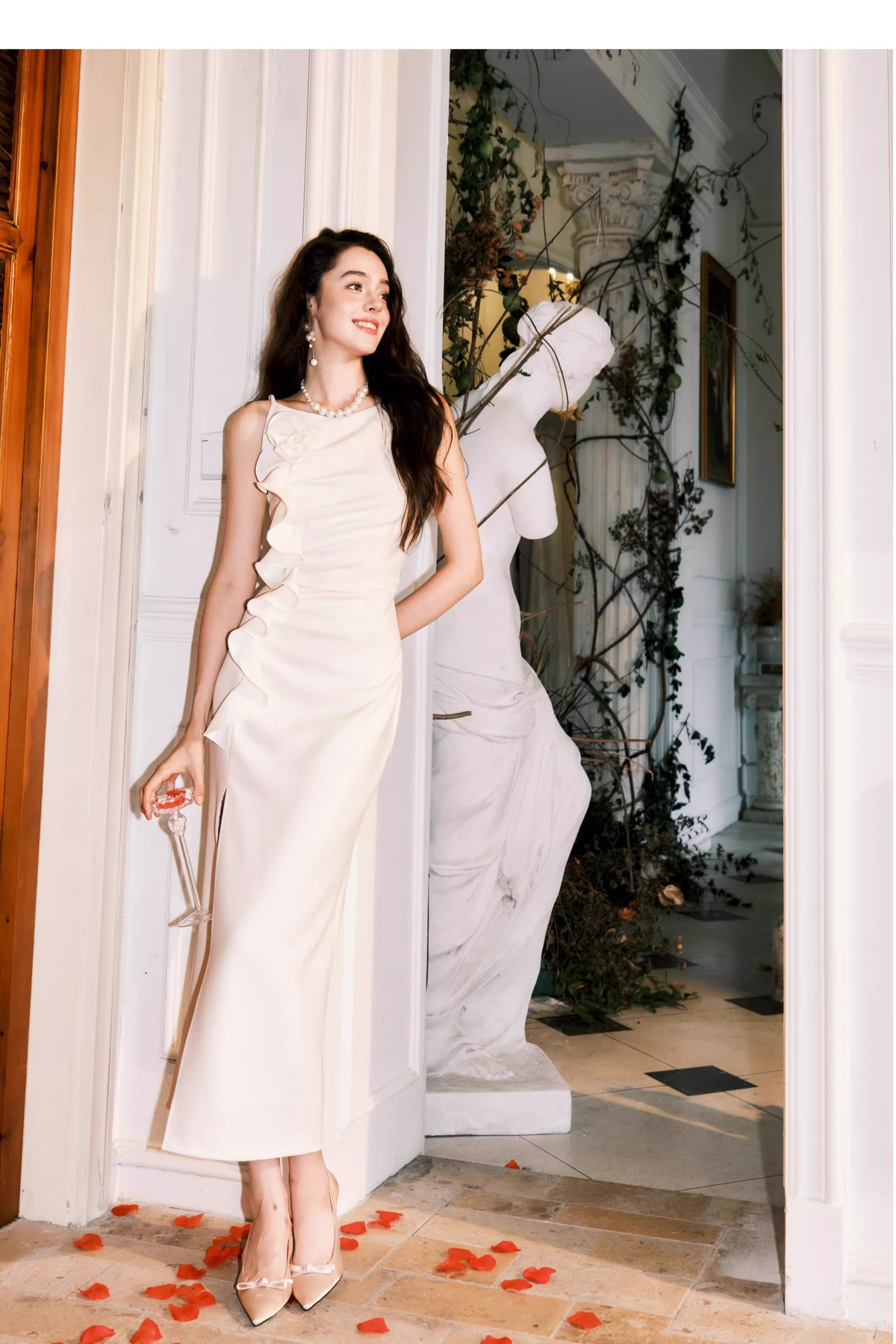Elegant White Sleeveless Satin Pleated Ruffle slit Long Wedding Guest Dress Formal Birthday Party Dress SP2002