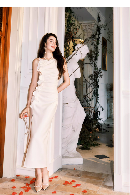 Elegant White Sleeveless Satin Pleated Ruffle slit Long Wedding Guest Dress Formal Birthday Party Dress SP2002