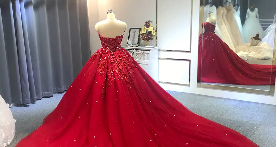 Red Ball Gown With Cape And Beads, Luxury Prom Dress C1888