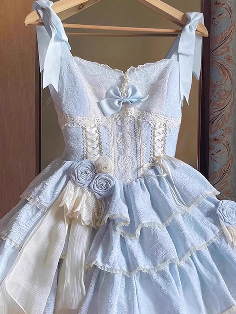 Cute Ball Gown Straps Floral Lace Party Dresses Blue Birthday Outfits With Flowers