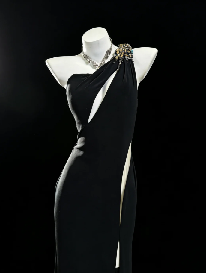 Sexy Black Satin Beaded Mermaid Slit Party Dress One Shoulder Long Wedding Guest Dress SP1574