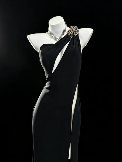 Sexy Black Satin Beaded Mermaid Slit Party Dress One Shoulder Long Wedding Guest Dress SP1574