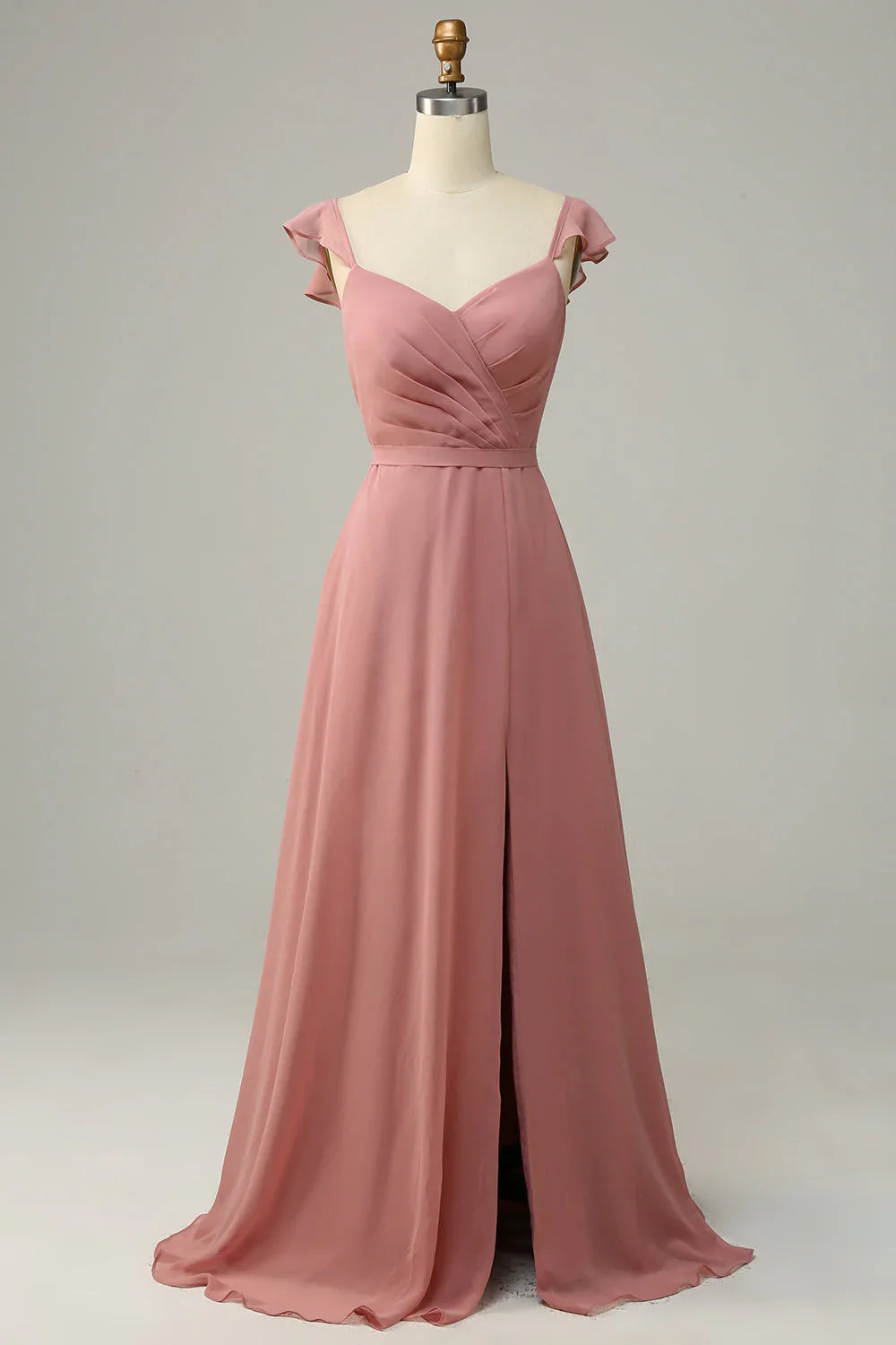 Dusty Rose A Line Ruffles Long Chiffon Bridesmaid Dress With Slit