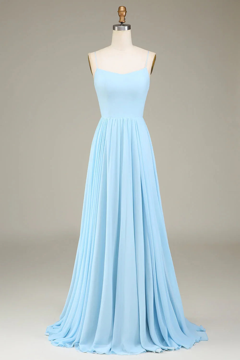 A-line thin shoulder strap sky blue chiffon long bridesmaid dress