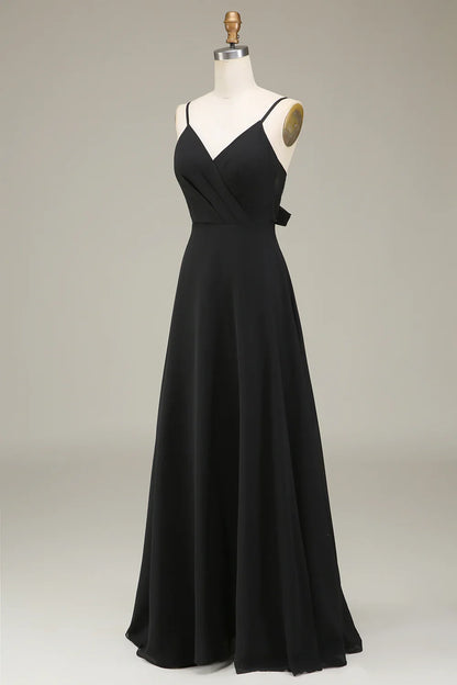 A-line thin shoulder strap black chiffon long bridesmaid dress