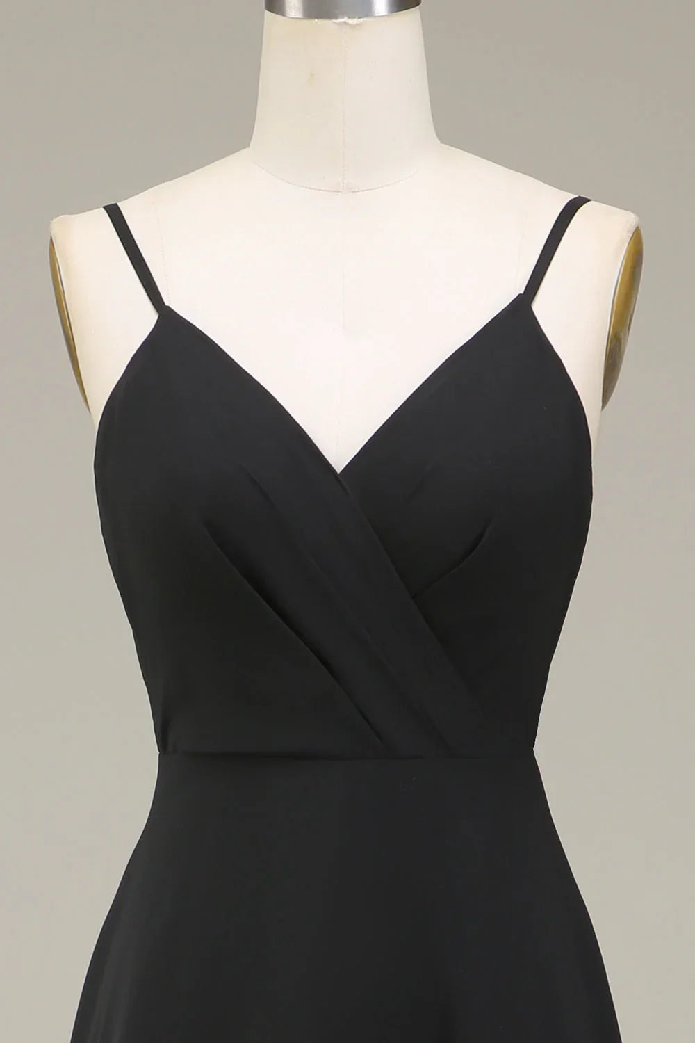 A-line thin shoulder strap black chiffon long bridesmaid dress