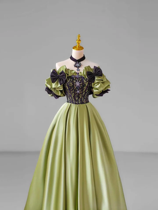 Vintage Off The Shoulder Ball Gown Green Satin Lace Bow Prom Dress  cc2067