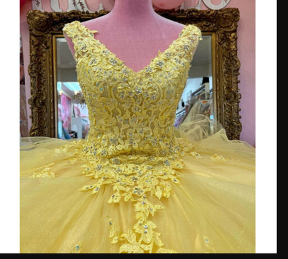 Yellow Quinceanera Dresses Beaded Tiered With Bow Sweet 15 16 Dress Ball Gowns c3267