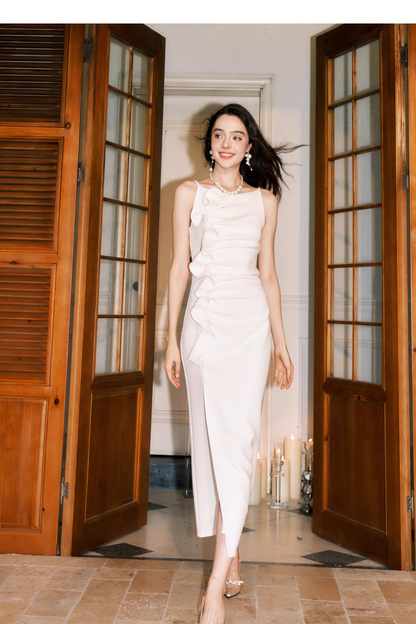 Elegant White Sleeveless Satin Pleated Ruffle slit Long Wedding Guest Dress Formal Birthday Party Dress SP2002