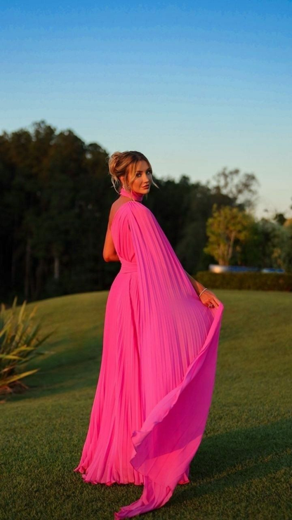 Elegant One Shoulder Evening Dress Women Pleated Chiffon High Neck A Line Floor Length Party Formal Occasion Prom Gown cc655