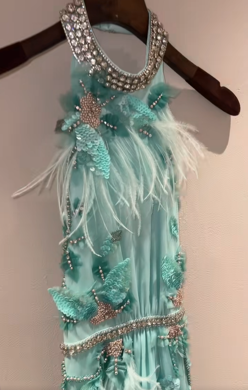 Stylish Green Halter Beaded Floral Feathers Mermaid Evening Dress Long Birthday Outfits SP843
