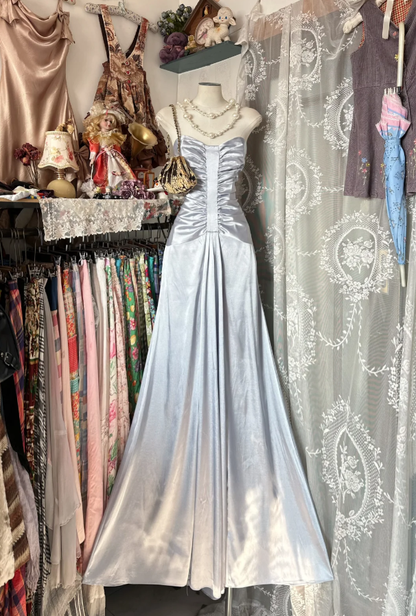 Style Silver Strapless Satin Pleated Mermaid Long Party Dress Birthday Prom Dress SP1719